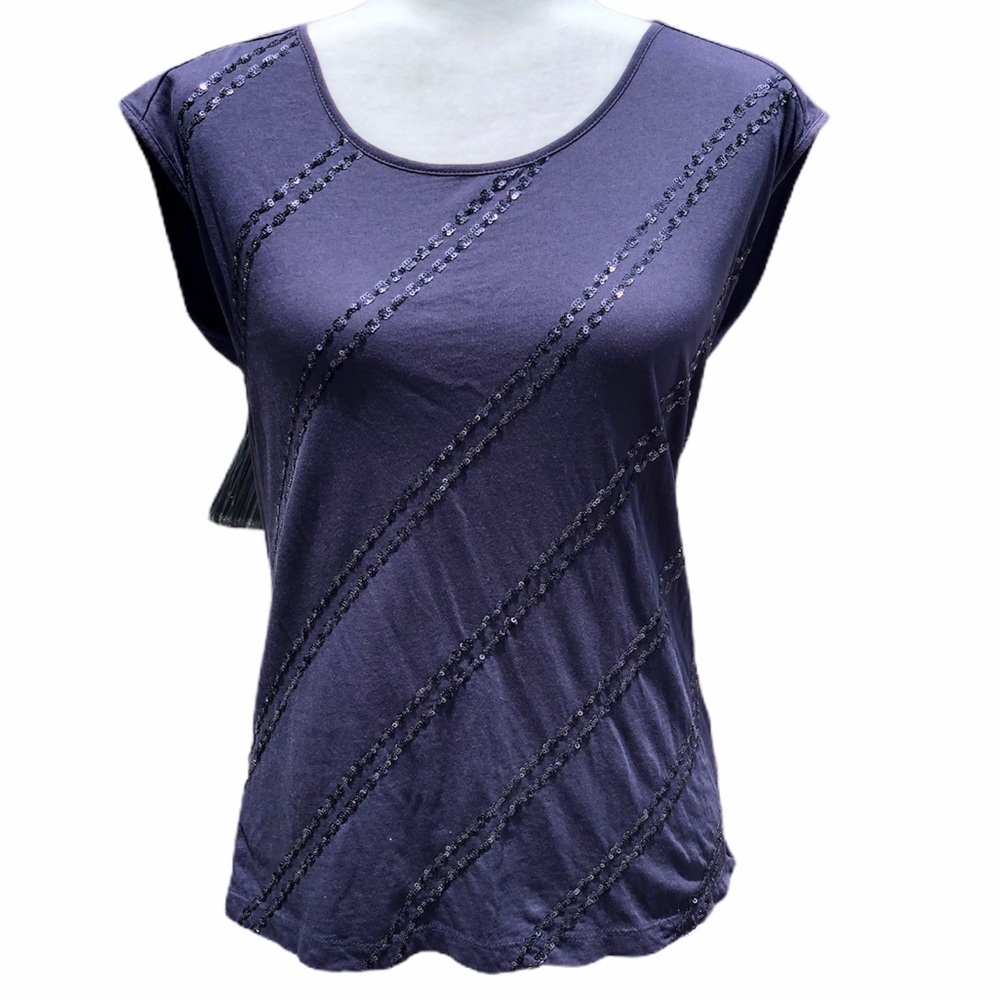 ANN TAYLOR LOFT Sequined-Striped Navy Top SZ-SP